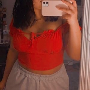 SHEIN off the shoulder Frill trim knot front top